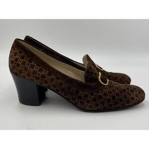 Vintage 1960s 70s Gucci Suede Monogram Heels Pumps GG Logo Jackie O Sz 39.5 8.5